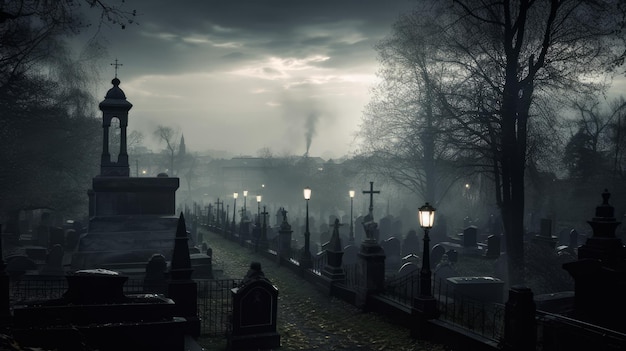 Gothic cemetery in gray tones