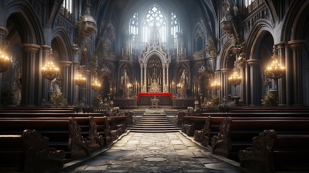 조명이 켜진 제단과 좌석이 있는 고딕 양식의 예배당