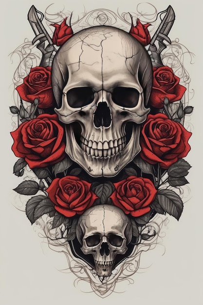 Готический шикарный череп и розы на черном холсте