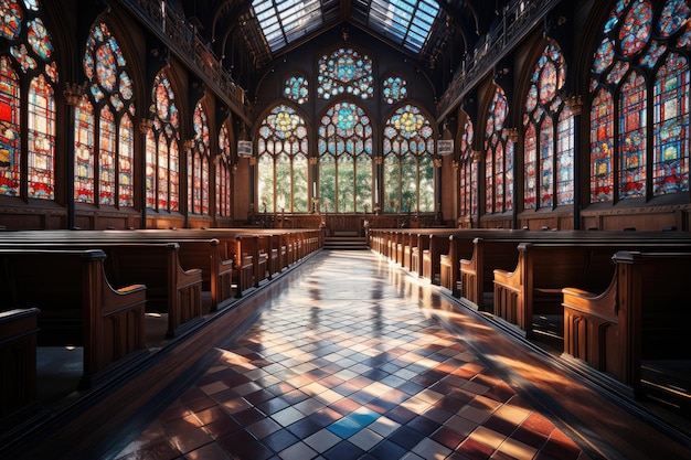 Gothic church with colorful stained glass and ornate altar generative IA