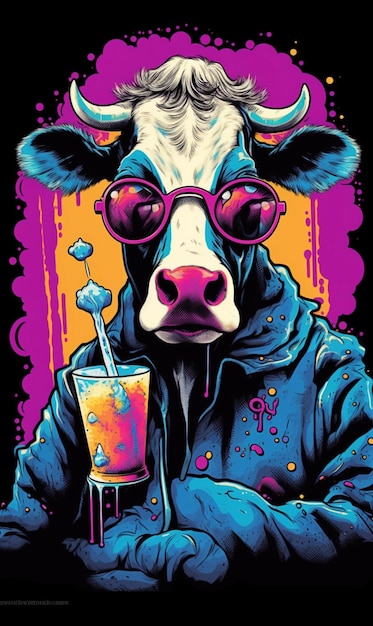 Готическая корова, пьющая молоко, динамичная поза, красочный генеративный искусственный интеллект