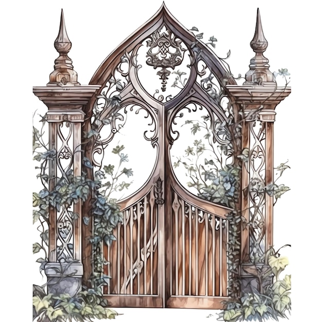 Gothic creepy gate watercolor illustration