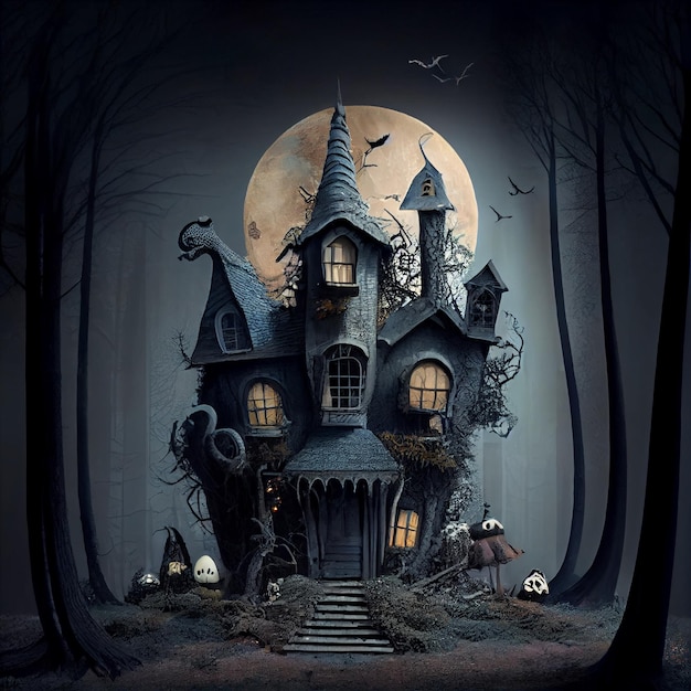 Gothic dark home spooky haunted house illustration