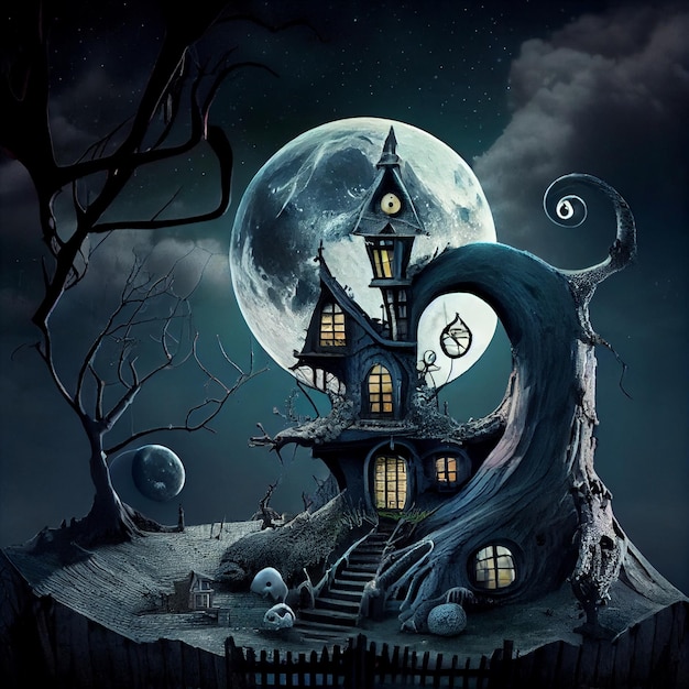 Gothic dark home spooky haunted house illustration