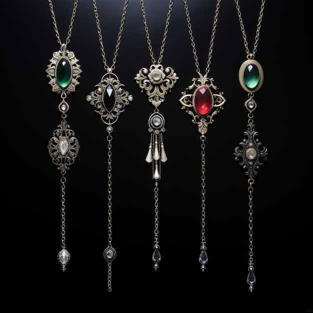 Gothic Elegance Exquisite Jeweled Necklaces Against a Dark Background