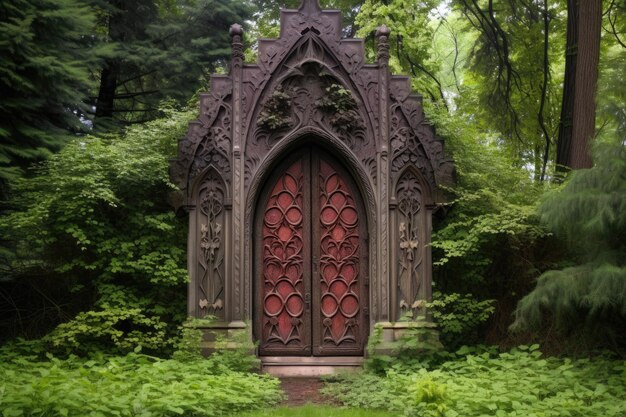 Gothic garden door with intricate carvings created with generative ai