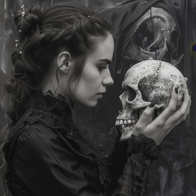 Photo gothic girl holding the skull with both handsface the skullside view