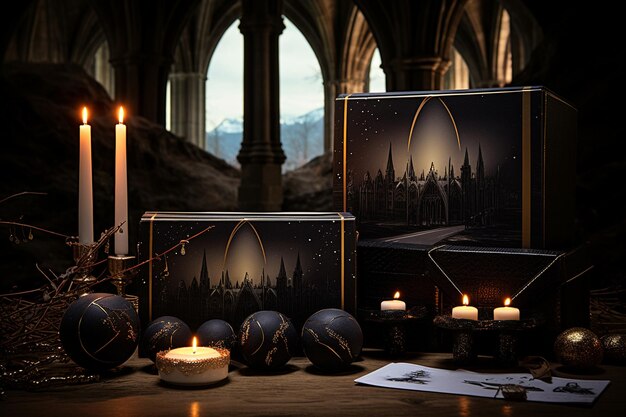 Photo gothic grandeur black open gift box photo