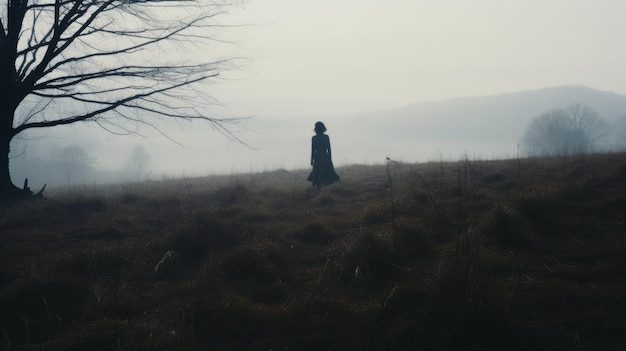 Gothic Horror Silhouette In Foggy Field 8k Resolution