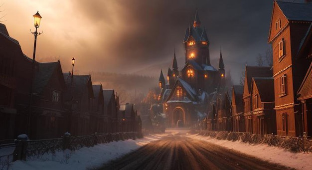 Gothic house in a fantasy world during winter season