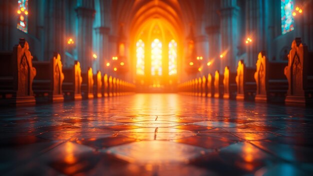 Gothic interieur van de kathedraal achtergrondtextuur met warm zonlicht dat door glas-in-lood wind stroomt