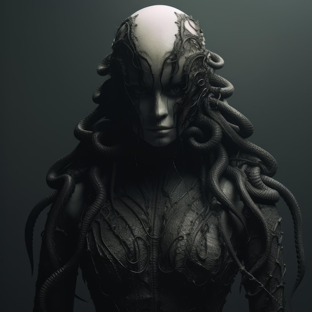 Gothic Minimalism Gorgon Humanoid With Intricate Tentacles And Dark Symbolism