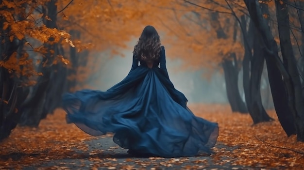 Gothic mysterious woman walks in fantasy autumn forest