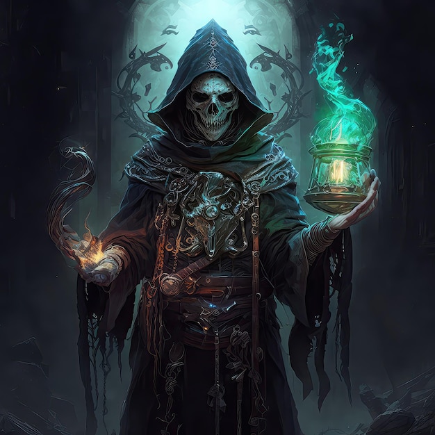 Gothic necromancer undead with a magical scepter in his hand Magic spooky atmosphere resurrection fantasy high resolution art generative artificial intelligence