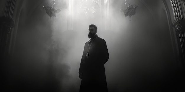 Photo gothic noir catholic priest in church