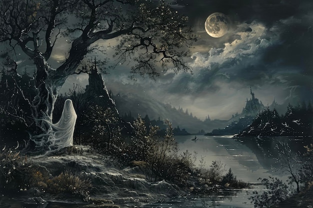 A gothic painting with a dark landscape a moon and a ghost