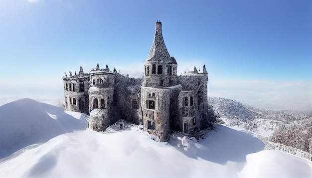 Gothic palace on a mountain in the snow