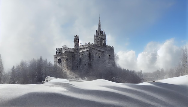 Gothic palace on a mountain in the snow