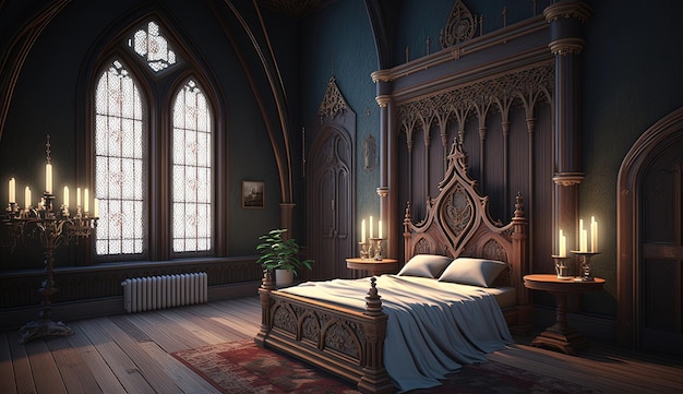 Gothic Revival bedroom is a tribute to the ornate details and intricate craftsmanship of the era with its dark wood furniture Generated by AI