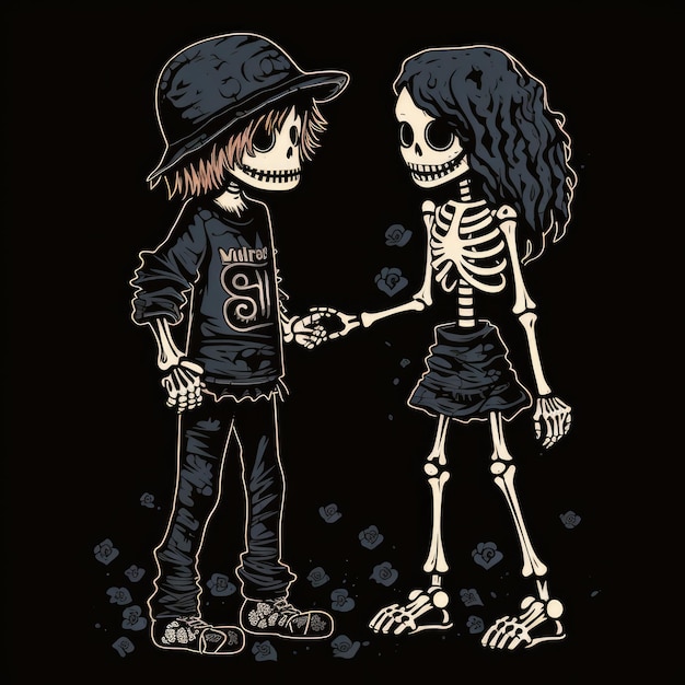 Photo gothic romance the cool encounter of a skateboarding skeleton boy and a dressclad skeleton girl in