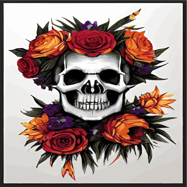 Gothic romantic human skull red roses and pink peonies with small pumpkins for halloween clothing template and tshirt