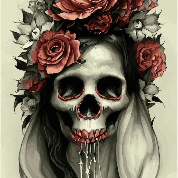 Gothic romantic human skull red roses and pink peonies with\
small pumpkins for halloween clothing template and tshirt
