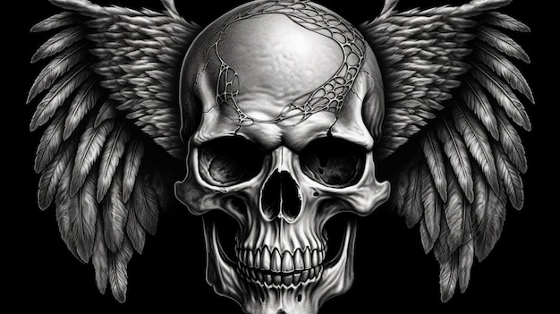 Gothic skull with wings on black background generative ai