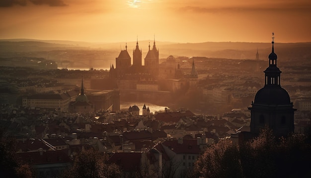 Gothic spires silhouette ancient basilica at twilight generated by AI