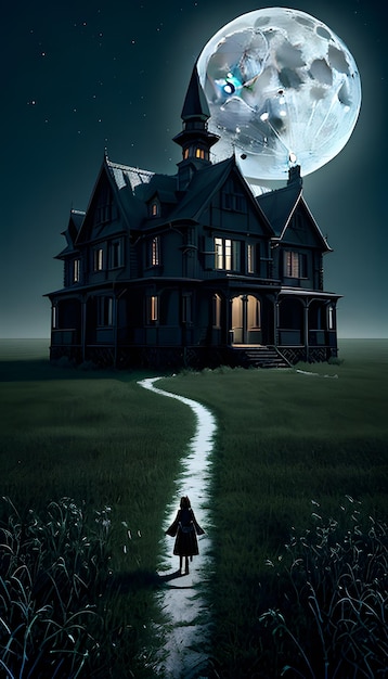 gothic style house stands alone in a field next to a lonely tree under the light of a full moon