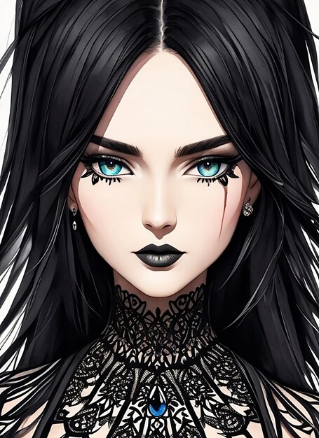 Gothic teenager with black eyes and black hair Created with artificial intelligence