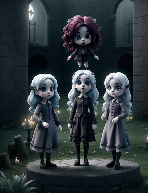 Gothic Triplets A Haunting Trio with a Floating Ghost Dark Artistry AIGenerated