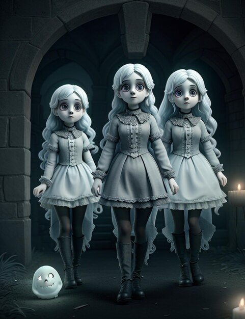 Gothic Triplets A Haunting Trio with a Floating Ghost Dark Artistry AIGenerated
