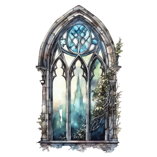 Акварельная иллюстрация готического окна