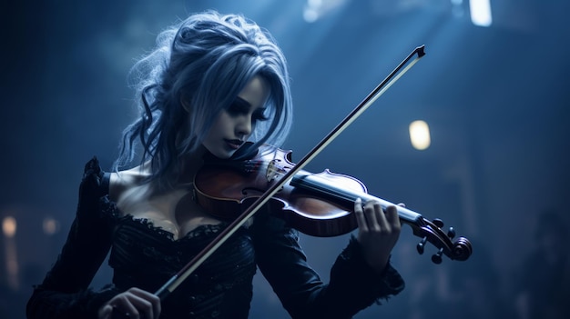 a gothic woman immerse the audience in a spellbinding fiddle musical performance creating a visuall