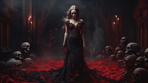 skullsgenerative ai와 어두운 방에 빨간 머리를 가진 고딕 여자