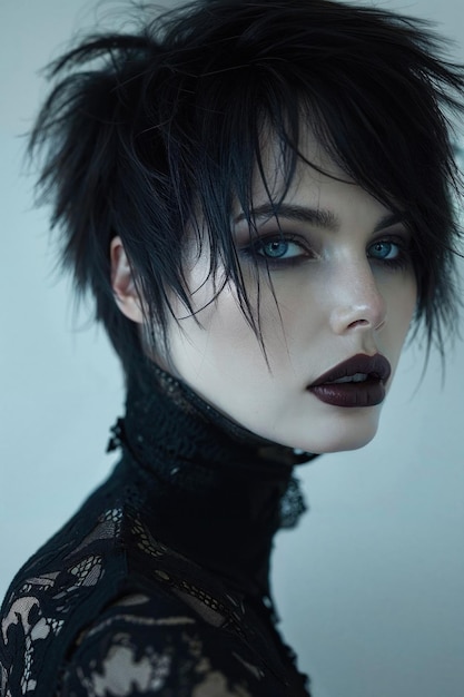 Gothic woman with spectacular makeup and a disheveled hairstyle that radiates a fierce and confident look