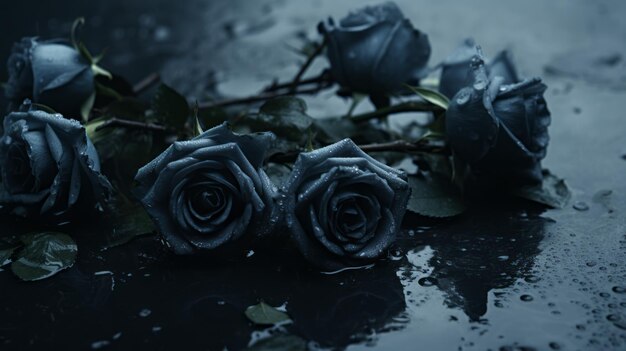 Photo gothicinspired dark photo of blue roses on black water