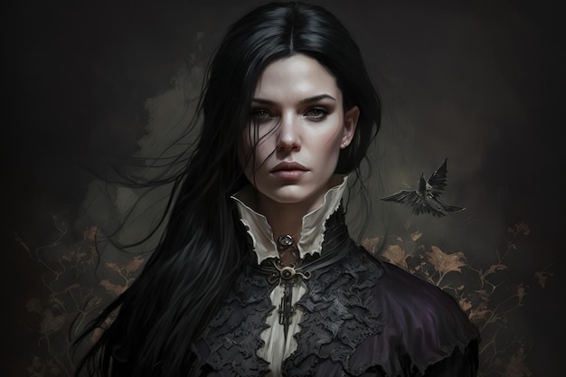 Photo gothicinspired portrait of a woman with jet black hair and a mysterious outfit