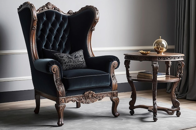 Photo gothicinspired velvet wingback chair with intricate carvings and dark upholstery for a regal lounge area