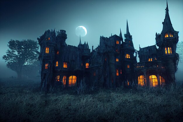 A gothicstyle house stands alone in a field next to a lonely\
tree under the light of a full moon 3d illustration