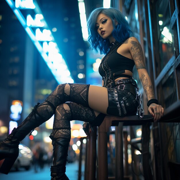 Gothpunk fashionista poseren op futuristische binnenstad