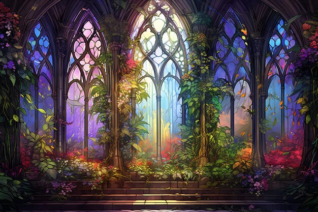 Gotisch glas-in-lood met uitzicht op het bos en bloemen op de voorgrond