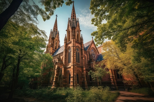 gotische kerk met torens en gebrandschilderde glazen ramen serene tuin generatieve IA