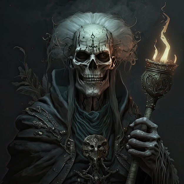 Gotische necromancer ondoden met een magische scepter in zijn hand Magische spookachtige atmosfeer opstanding fantasie hoge resolutie kunst generatieve kunstmatige intelligentie