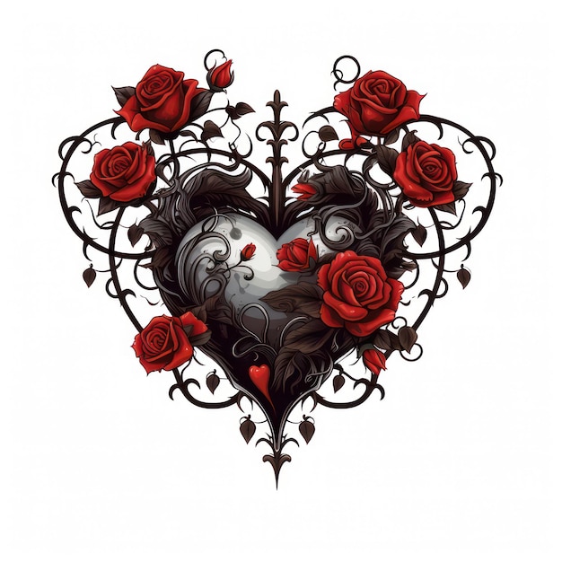 gotische vectorkunst zwart hart met rode rozen donkere sfeer op witte achtergrond