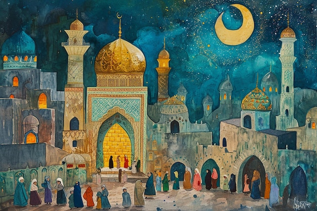 Photo gouache childrens book illustration islam mosque