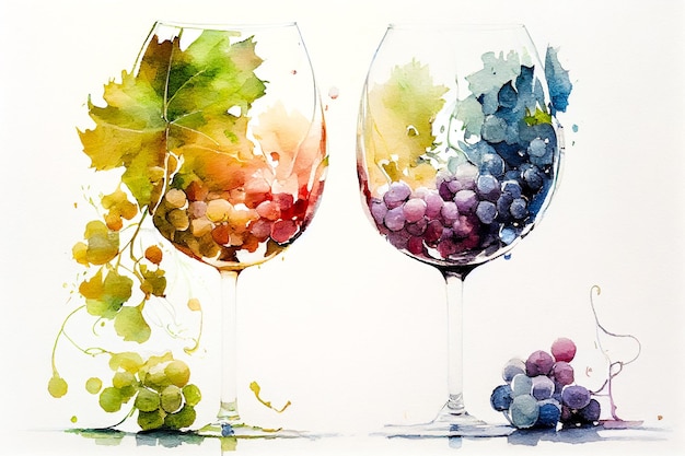 Gouache glasses with grapes on a white background Generative AI Generative AI