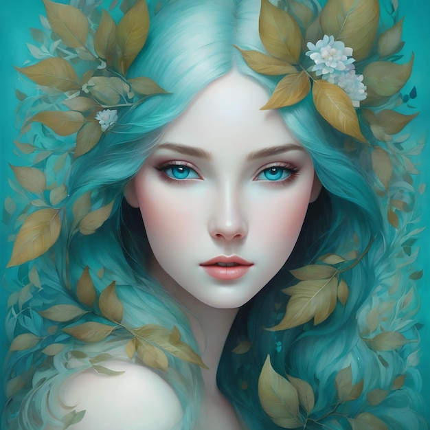 Gouache paint of a white skin girl turquoise blue eyes flowery hair