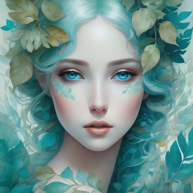 Gouache verf van een wit huid meisje turquoise blauwe ogen bloemig haar