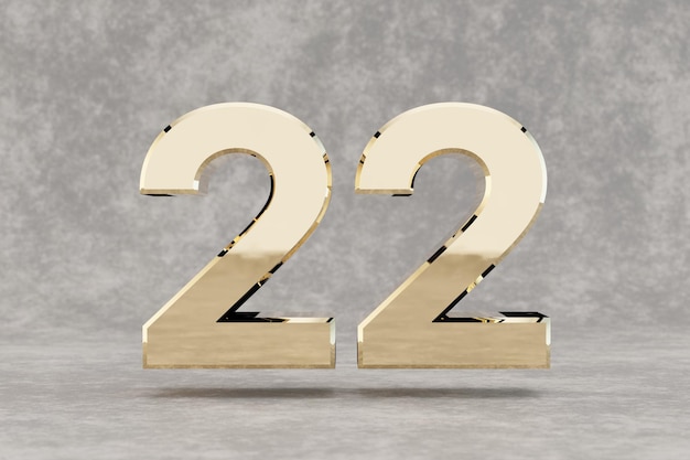 Goud 3d nummer 22. Glanzend gouden nummer op betonnen achtergrond. Metaalcijfer met studiolichtbezinningen. 3D render.